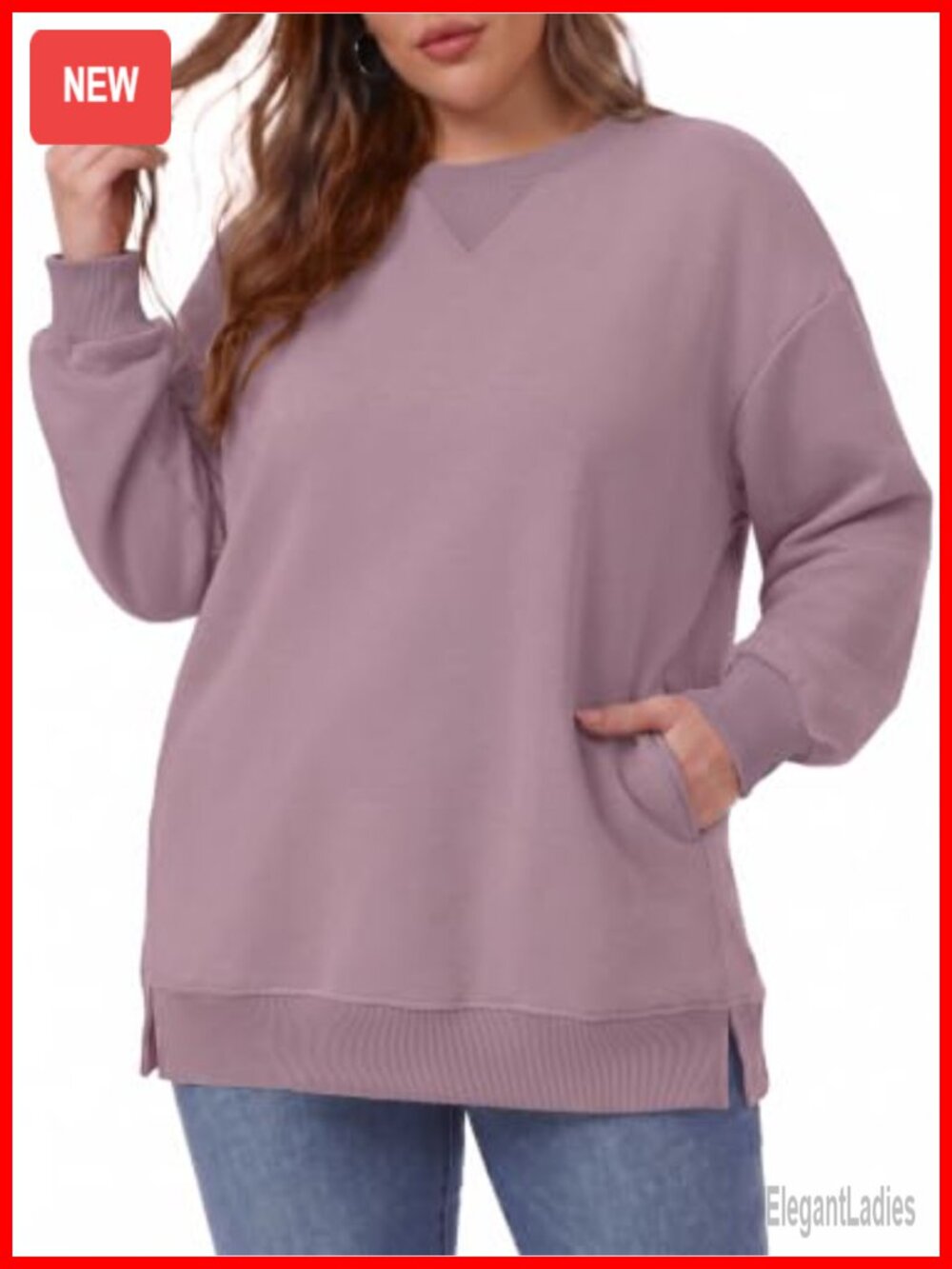 Plus Size Oversized Crew Neck Sweatshirt Tunic Side Slits Pockets Drop Shoulder